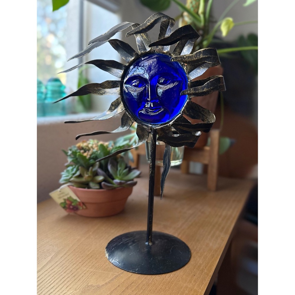 Celestial Sun Face Votive Candle Holder Cobalt Blue Glass Metal Stand Decor